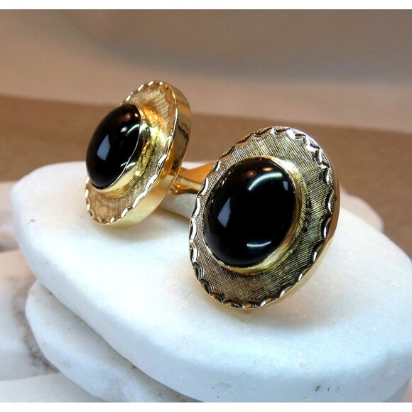 Estate VTG 14k Solid Yellow Gold Black Onyx Cufflinks 15.6 gr Wedding Tuxedo - Picture 7 of 7